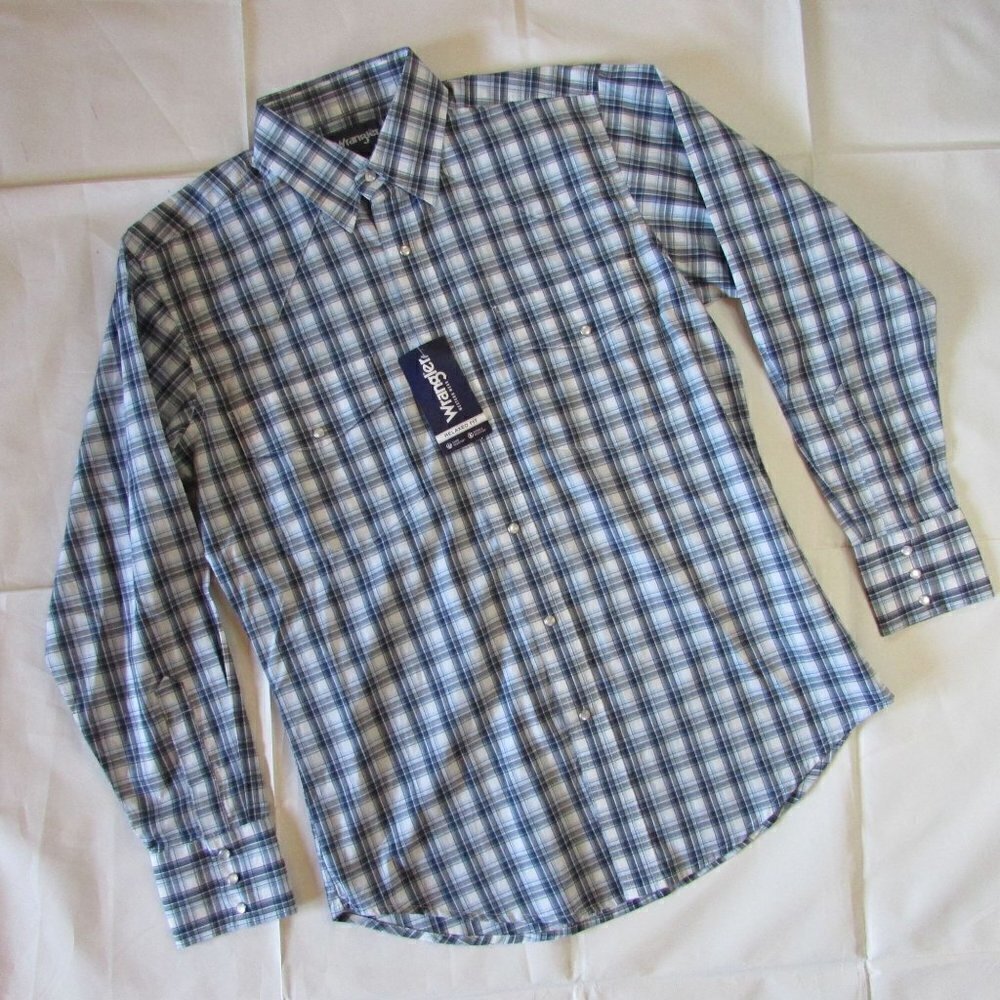 Wrangler Men's Plaid Long Sleeve Pearl Snap Button Up Western Shirt - Blue
